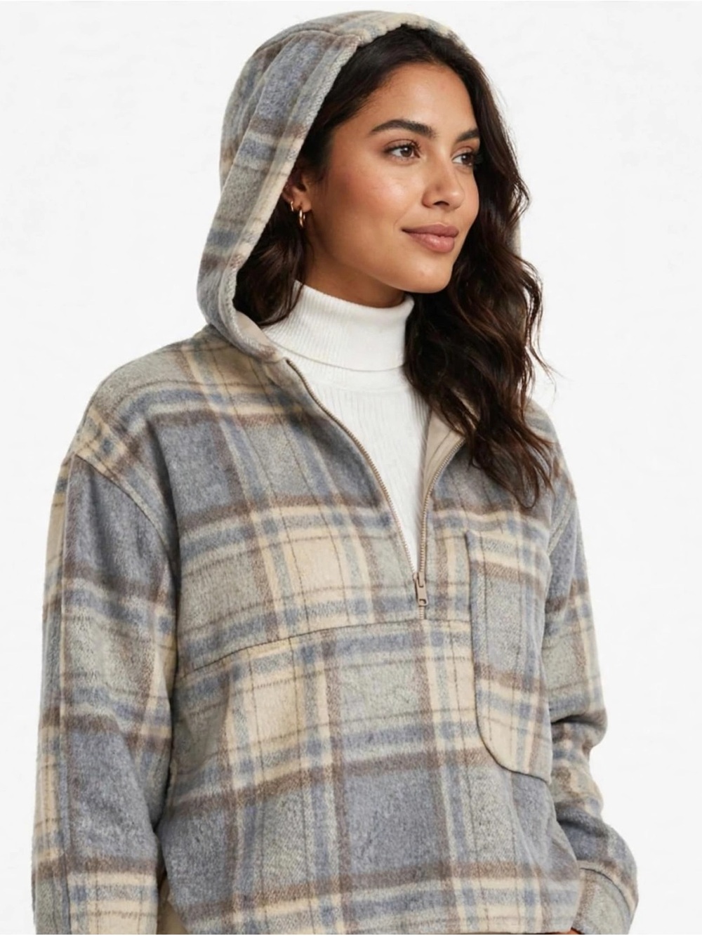 Women’s Plaid Jacket w/Hoodie, plaid pastel Coat Top, Fall Dress Blouse, sweater